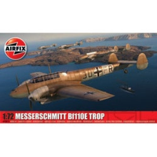 Airfix Messerschmitt Bf110E E Trop model kit, 1:72 scale, twin-engine WWII fighter, detailed parts for authentic build.