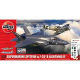 Airfix 1/72 kit includes Supermarine Spitfire and F-35 B Lightning II models, ideal for hobbyists aged 8 and up.