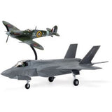 Model kit of the Supermarine Spitfire and F-35 B Lightning II, showcasing historic and modern aircraft in 1:72 scale.