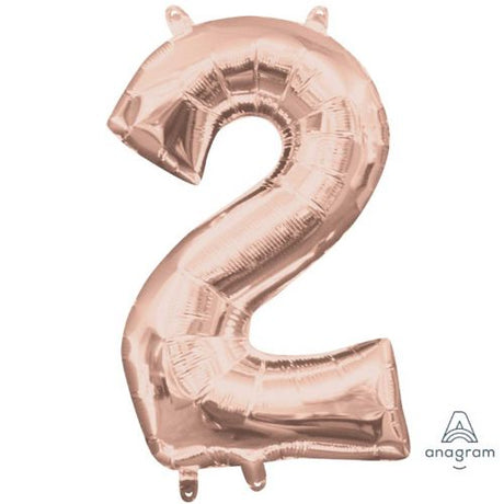 Rose gold foil balloon shaped like the number 2, measuring 40cm, perfect for celebrations and parties.