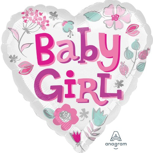 Pink heart-shaped foil balloon, 45cm, perfect for baby girl celebrations, featuring durable materials and self-sealing design.