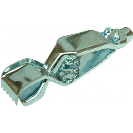 Cadmium plated 50 Amp battery clips with spring jaw design, wire screw, and retention tabs for secure, reliable connections.