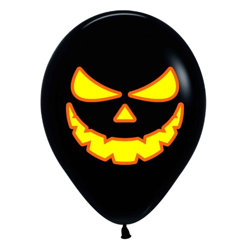 Bright Pumpkin Scary Faces Latex Balloons in vibrant black, neon, and orange; perfect for Halloween celebrations. Pack of 12.