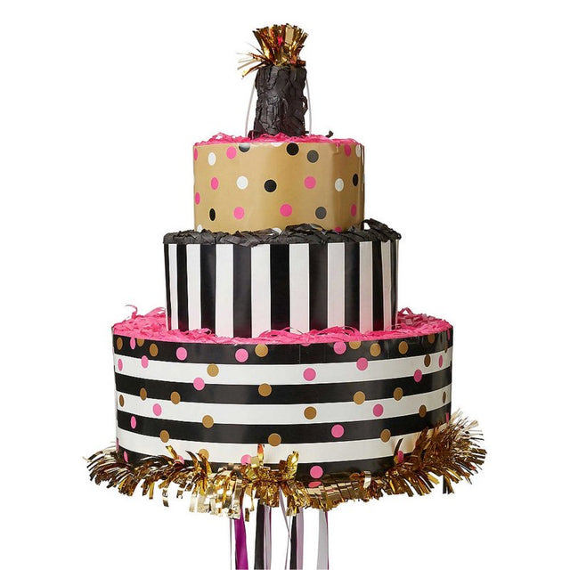 Pink and gold cake piñata, 55.25cm x 45.72cm, perfect for celebrations, adds whimsy for fun activities and treats.