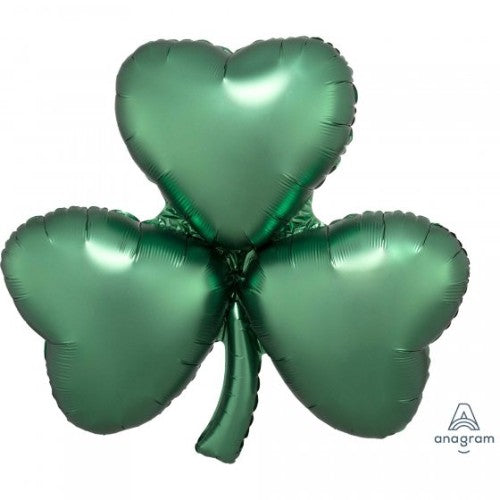 Large emerald green shamrock foil balloon, 73cm x 71cm, ideal for St. Patrick's Day celebrations.