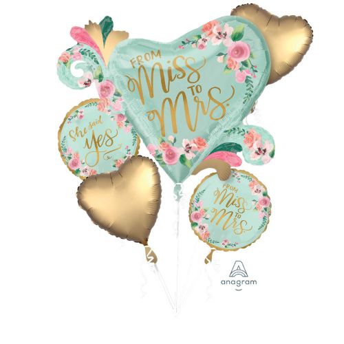 Pack of 5 mint foil balloons featuring 1 shaped and 4 standard sizes, ideal for bridal showers and mint-themed celebrations.