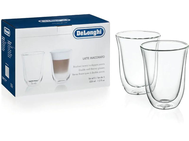 Two 220ml double wall borosilicate glasses for hot or cold beverages, dishwasher safe and comfortable to hold.