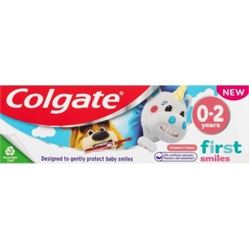 Colgate Kids First Smiles Strawberry Toothpaste 50ml, designed for 0-2 years, promotes healthy teeth with a gentle formula.