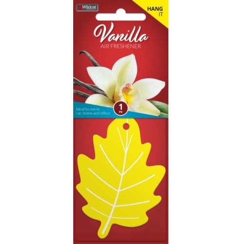 Air Freshener Leaf Vanilla featuring a leaf design, offers long-lasting vanilla fragrance for cars, homes, offices, and boats.