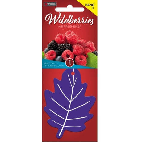 Air Freshener Leaf Wildberries features a vibrant design, elastic cords for easy hanging, and delivers a refreshing wildberry scent.