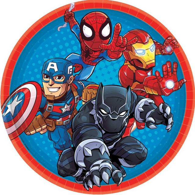 Vibrant 7" round plates featuring Marvel superheroes, perfect for kids' parties and easy disposable cleanup. Pack of 8.