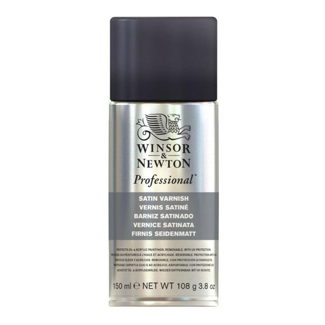 Aerosol can of Winsor & Newton Satin Varnish for clear, non-yellowing protection of oil and acrylic paintings.