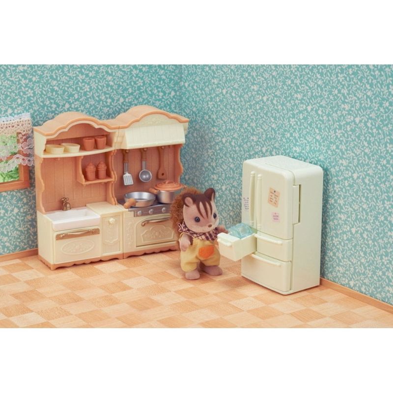 Sylvanian Families Kitchen Play Set with fridge, cooker, sink, utensils, and accessories for imaginative role-play.