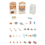 Sylvanian Families Kitchen Play Set featuring a refrigerator, cooker, sink, and cooking utensils for imaginative role-play.