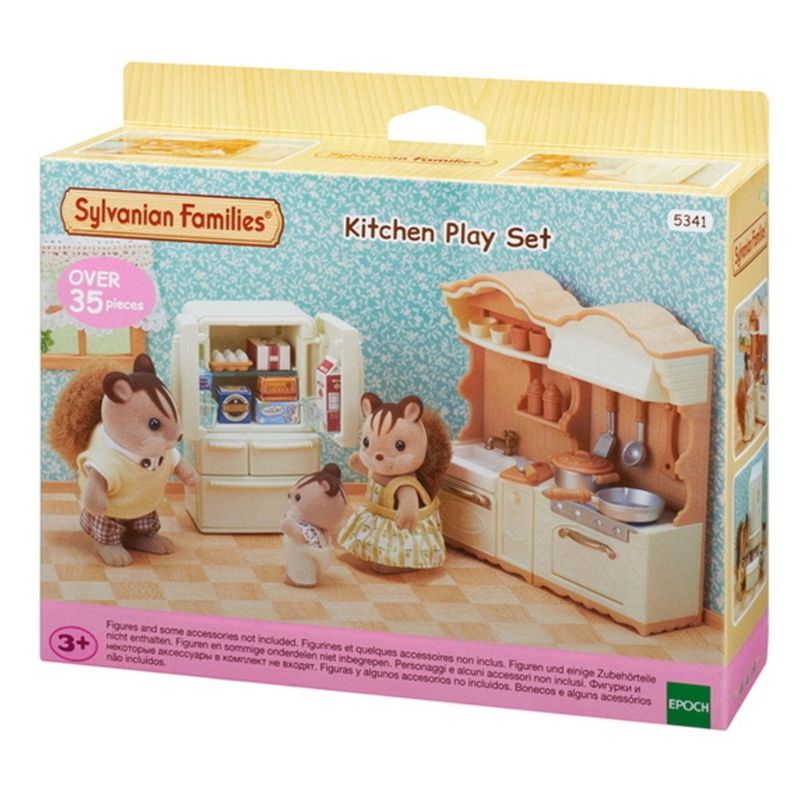 Sylvanian Families Kitchen Play Set featuring a refrigerator, cooker, sink, and cooking utensils for imaginative role-play.