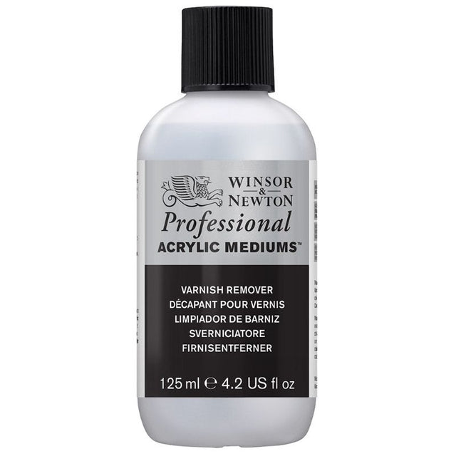 A bottle of Winsor & Newton Professional Acrylic Varnish Remover 125ml for safely lifting varnish from artworks without damage.