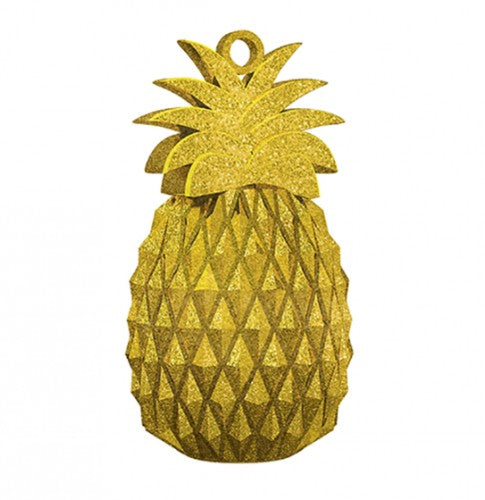 Aloha Gold Pineapple Balloon Weight in glittered plastic, perfect for anchoring balloons at tropical-themed parties and events.