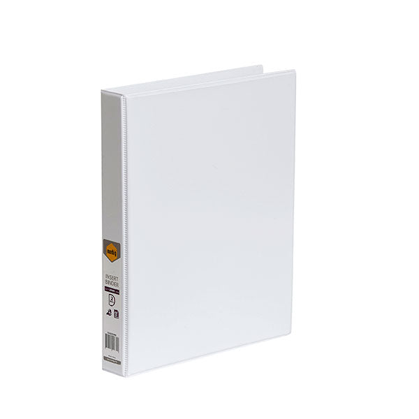 White Marbig C/View A4 binder with 2 rings, clear overlay for customization, and a pocket for loose papers.