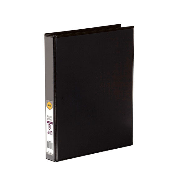 Black A4 insert binder with 4 rings, featuring clear overlay and recycled materials for durability and customization.