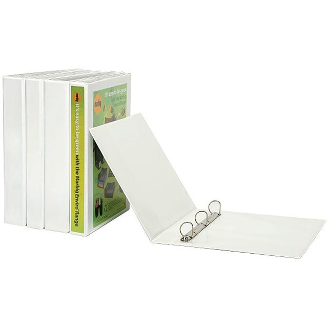 Marbig A4 65mm 4D Clearview Ring Binder in white with customizable non-glare overlay for efficient document organization.