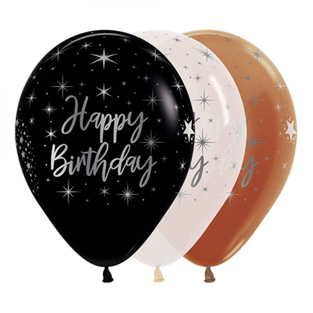 Vibrant 30cm assorted birthday balloons with metallic ink, perfect for lively party decorations (pack of 12).