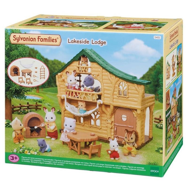 A cozy Sylvanian Families Lakeside Lodge with furniture, hammock, and a secret slide for baby figures.