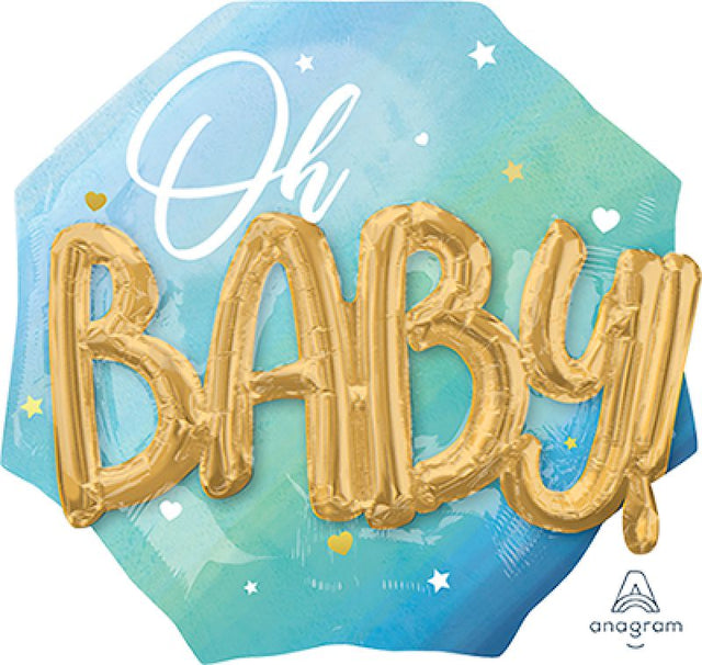 Self-sealing foil balloon for baby boy celebration, measuring 76cm x 71cm with adorable designs for showers and reveals.