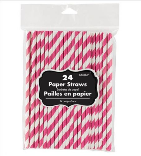 Bright pink paper straws, 19cm long, eco-friendly and perfect for parties, pack of 24 for stylish drink presentations.