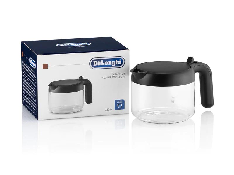 Dishwasher-safe 750 ml coffee pot with a hinged lid and spout, designed for DeLonghi automatic coffee machines.