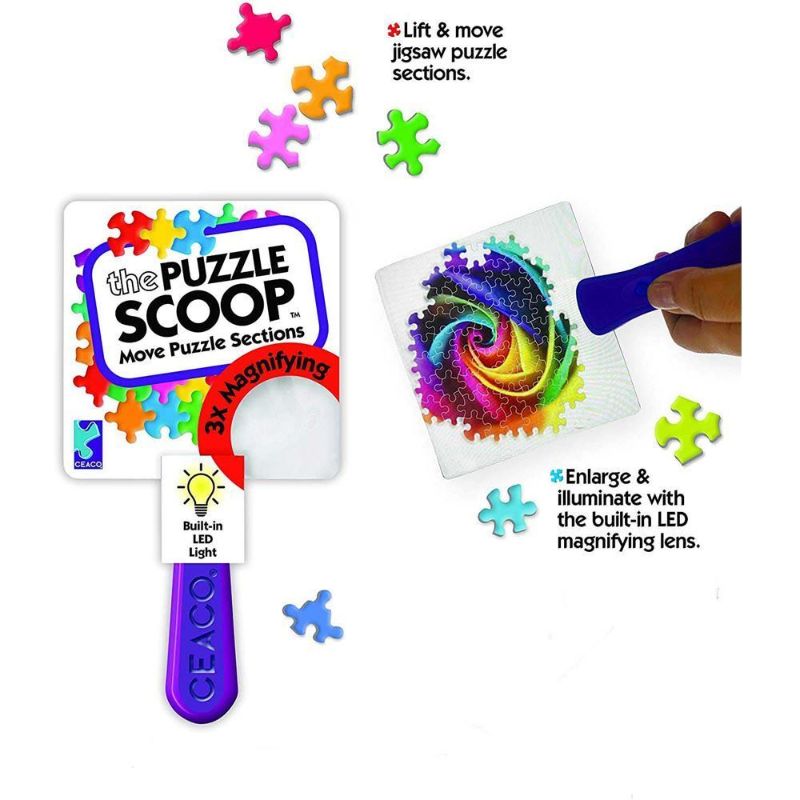 Puzzle Scoop: Innovative tool for jigsaw puzzles featuring a built-in LED magnifying lens for lifting and moving pieces.