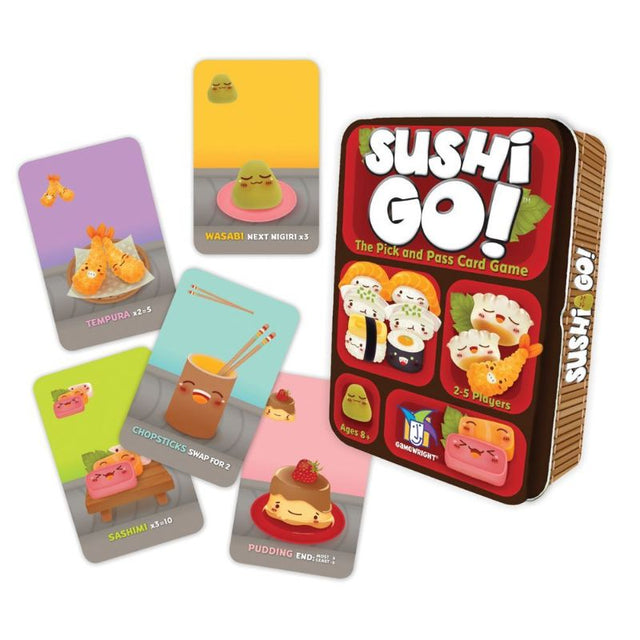 Colorful card game Sushi Go! featuring sushi-themed cards for strategic gameplay with 2-5 players, ages 8 and up.