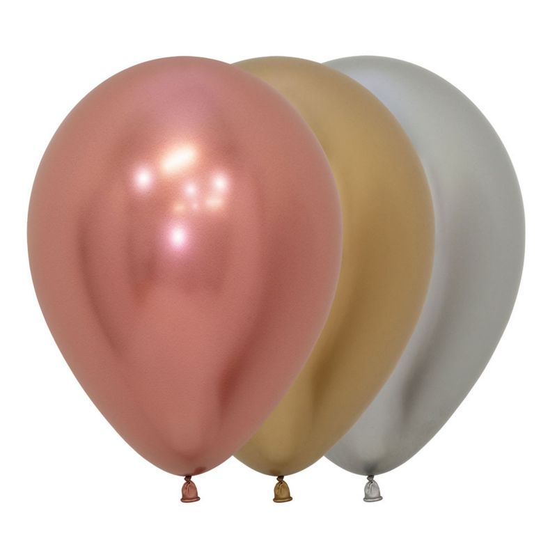 Colorful pack of 12 Sempertex metallic balloons in gold, silver, and rose gold for elegant celebrations.