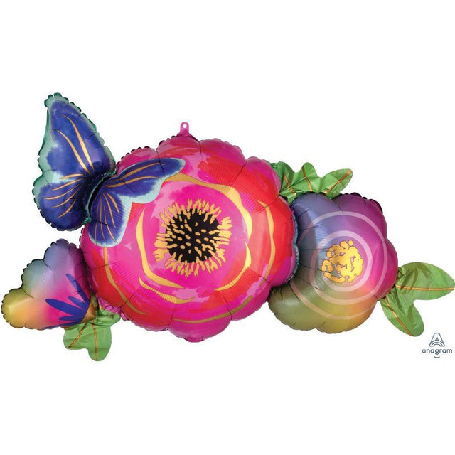 Vibrant SuperShape XL foil balloon featuring satin-infused flowers and butterfly, perfect for elegant celebrations.