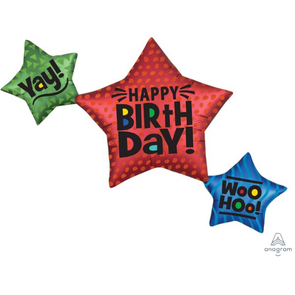 Vibrant satin star-shaped balloon for birthdays, measuring 99cm x 73cm, perfect for festive celebrations.