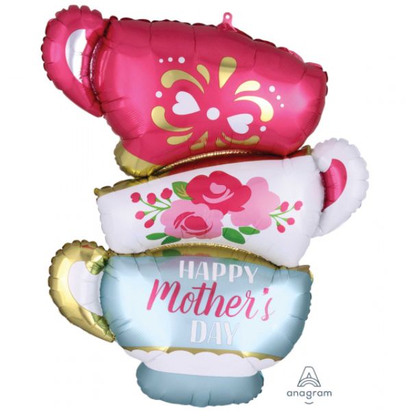 Colorful SuperShape XL Happy Mother's Day balloon shaped like teacups, perfect for celebrating moms and adding joy to events.