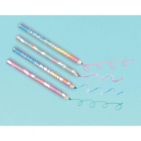 Magical Rainbow Birthday Pencil Favors in vibrant designs, perfect for parties and creative fun, pack of 4.