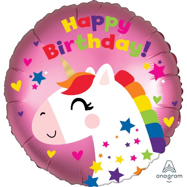 Vibrant 45cm satin unicorn balloon for birthday celebrations, featuring a magical design and self-sealing foil for lasting joy.