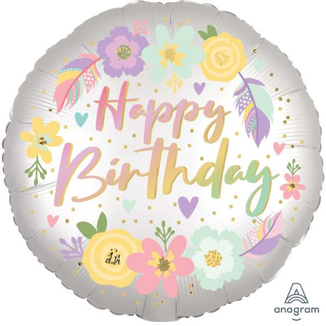 Vibrant 45cm satin foil balloon with floral designs, perfect for joyful birthday celebrations and memorable decor.