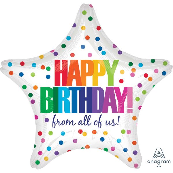 45cm XL star-shaped balloon with 'Happy Birthday from all of us' and colorful dots, perfect for festive celebrations.