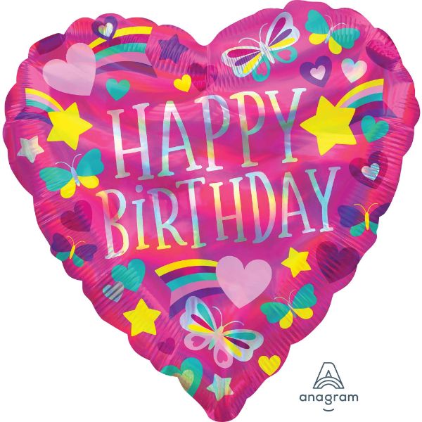 Iridescent 45cm balloon with rainbow hearts design, perfect for vibrant happy birthday celebrations and long-lasting helium retention.