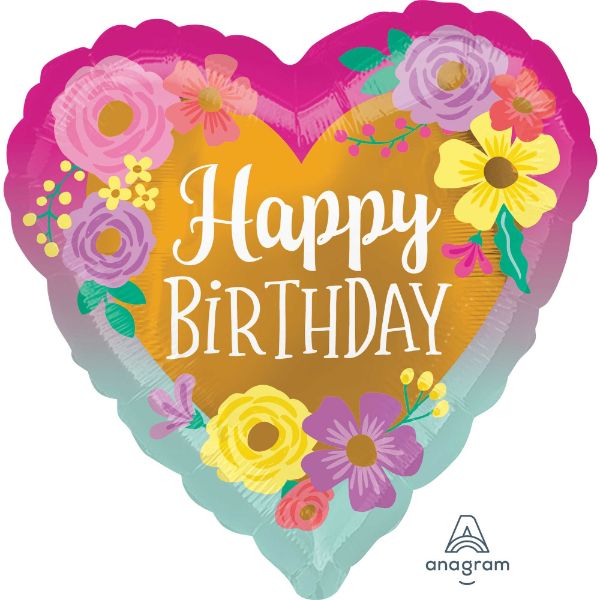 Self-sealing 45cm foil balloon with vibrant painted flowers and a cheerful "Happy Birthday" message.