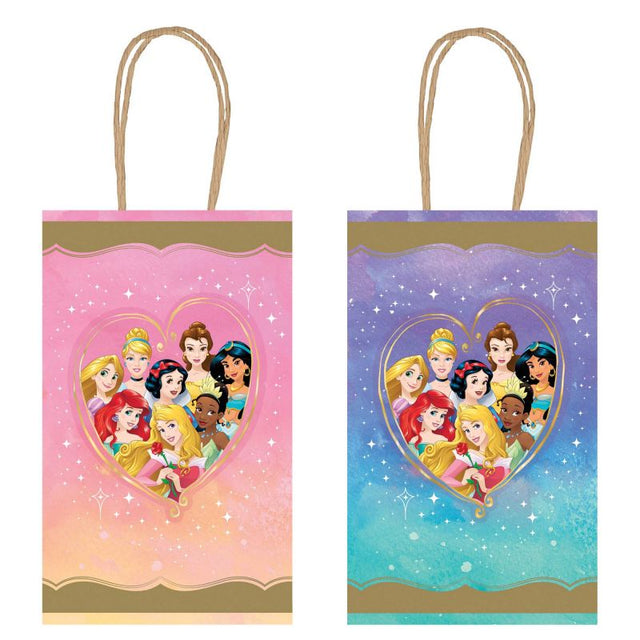 Disney Princess kraft paper bags, assorted designs, measuring 21cm x 12cm x 8cm, pack of 8 for festive gifting.