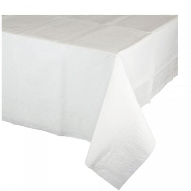 Versatile white table cover with 2-ply tissue top and waterproof backing, perfect for elegant dining at any occasion.