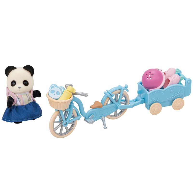 Sylvanian Families Cycle & Skate Set featuring Panda Girl Rosalina with bike, trailer, skates, accessories, and snacks for outdoor fun.