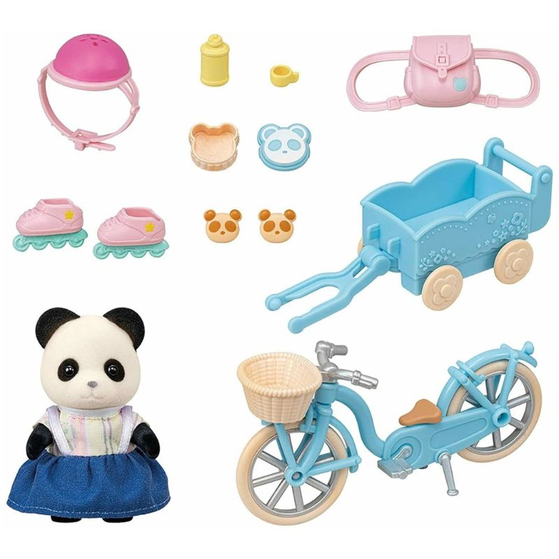 Sylvanian Families Cycle & Skate Set featuring Panda Girl Rosalina with bike, trailer, helmet, snacks, and sports gear for playful adventures.