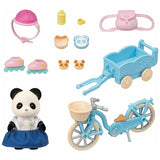 Sylvanian Families Cycle & Skate Set featuring Panda Girl Rosalina with bike, trailer, helmet, snacks, and sports gear for playful adventures.