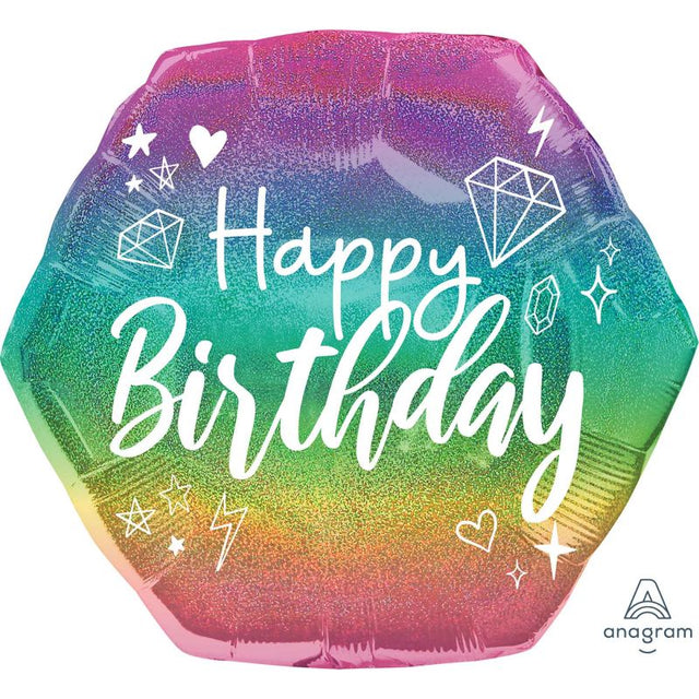 Supershape holographic happy birthday balloon, 58cm x 55cm, adds dazzling sparkle to any birthday celebration.