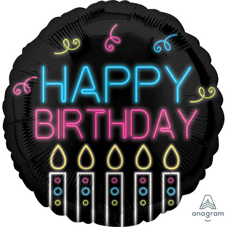 Vibrant 45cm neon foil balloon with 'Happy Birthday' message, perfect for festive celebrations and party décor.