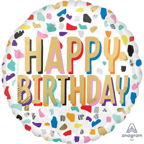 Vibrant 45cm foil balloon with confetti design, perfect for elevating birthday celebrations and festive gatherings.