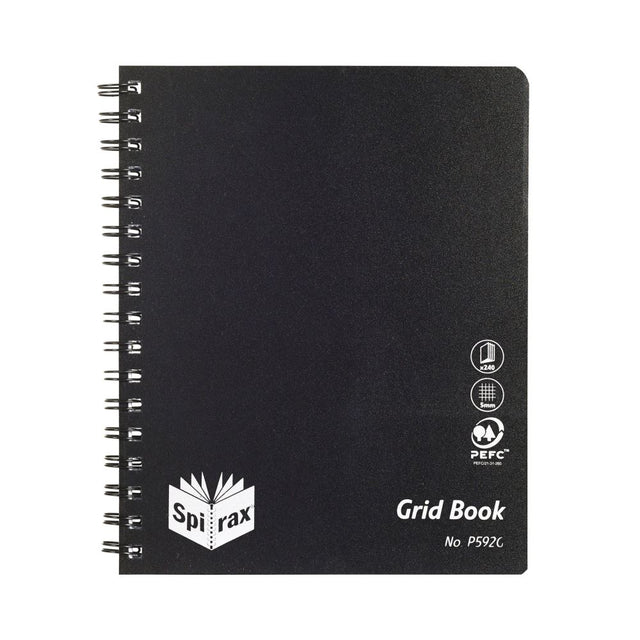 Spirax P592g grid book featuring 240 pages, 5mm grid lines, and durable black wire binding for notes and sketches.